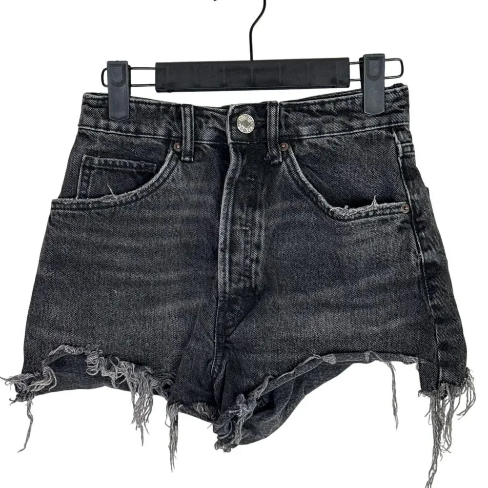 ZARA Cutoff Distressed Jean Shorts Raw Ripped Hem High Rise Pockets 0 Wash Black